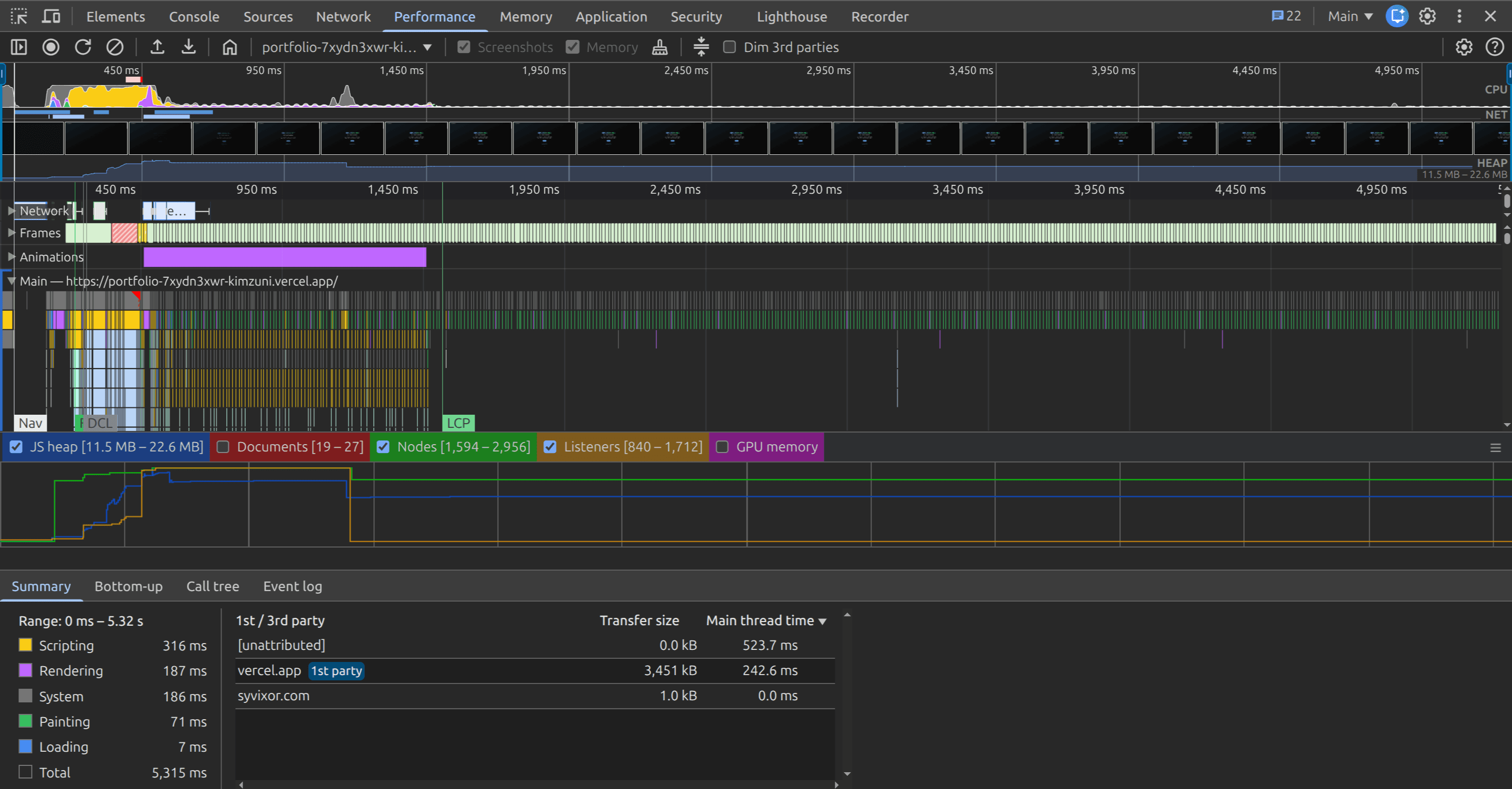 Chrome DevTools Performance 탭의 타임라인 및 메모리 프로파일링 측정 그래프 화면