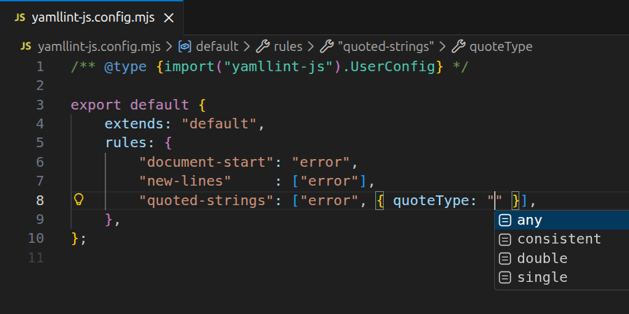 yamllint-js.config.js 자동 완성